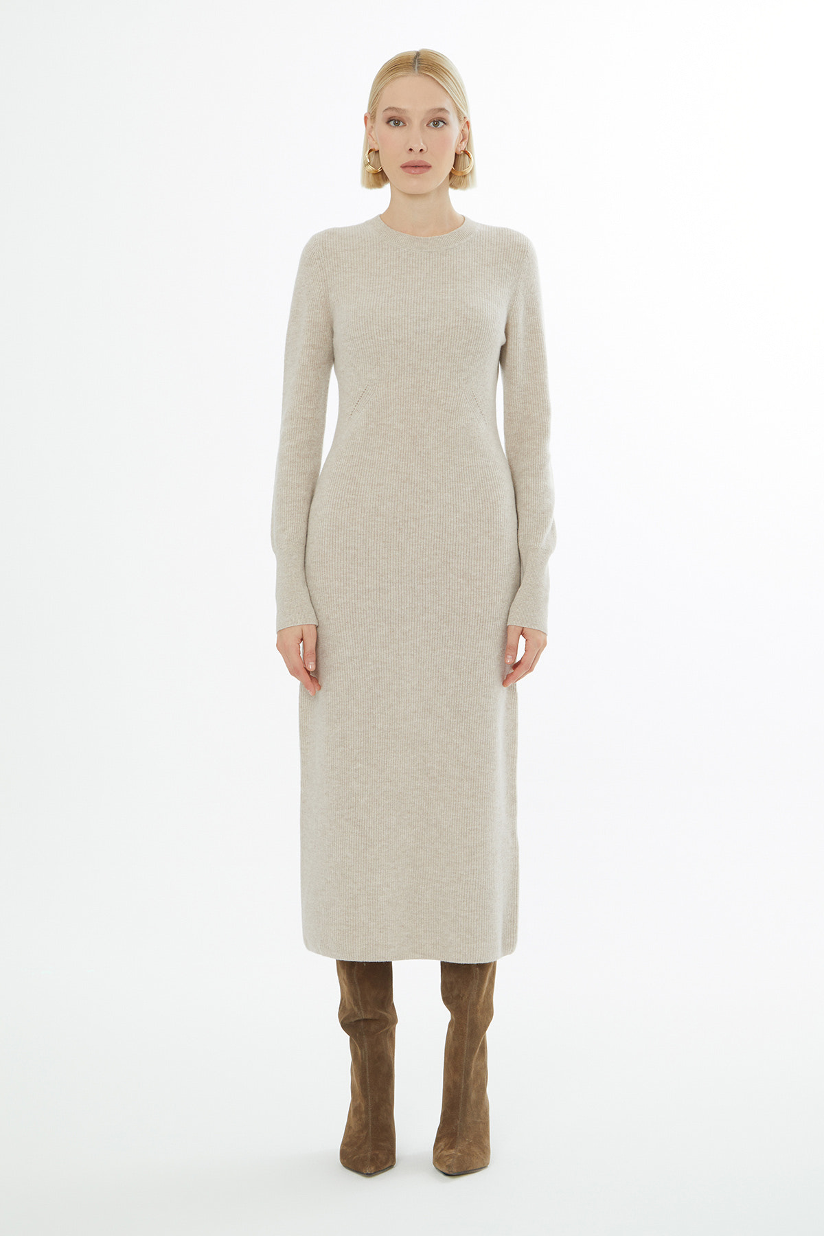 Yuvarlak Yaka Uzun Kol Midi Elbise