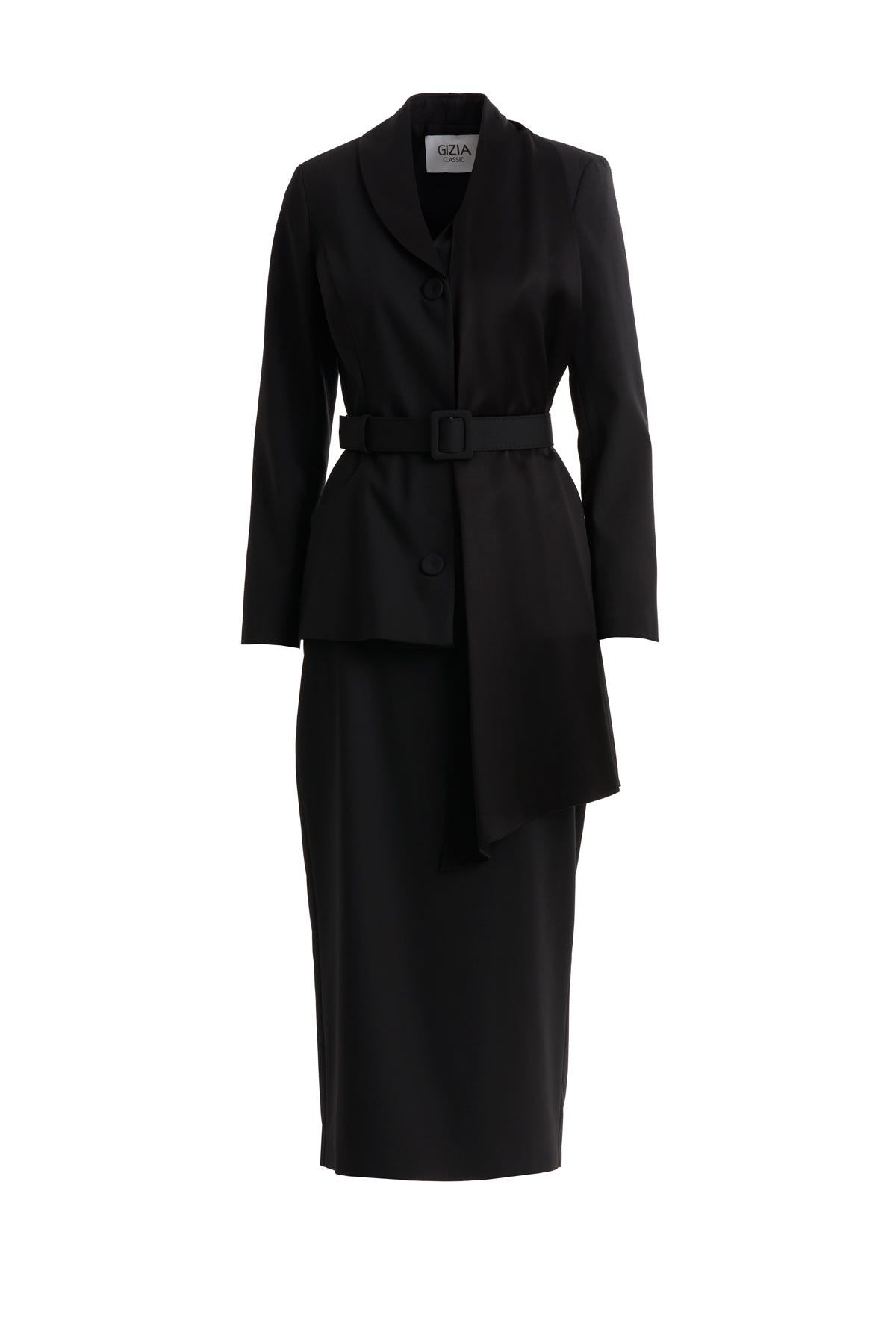 Şal Yaka Detaylı Ceket Ve Kalem Etekli Siyah Takım