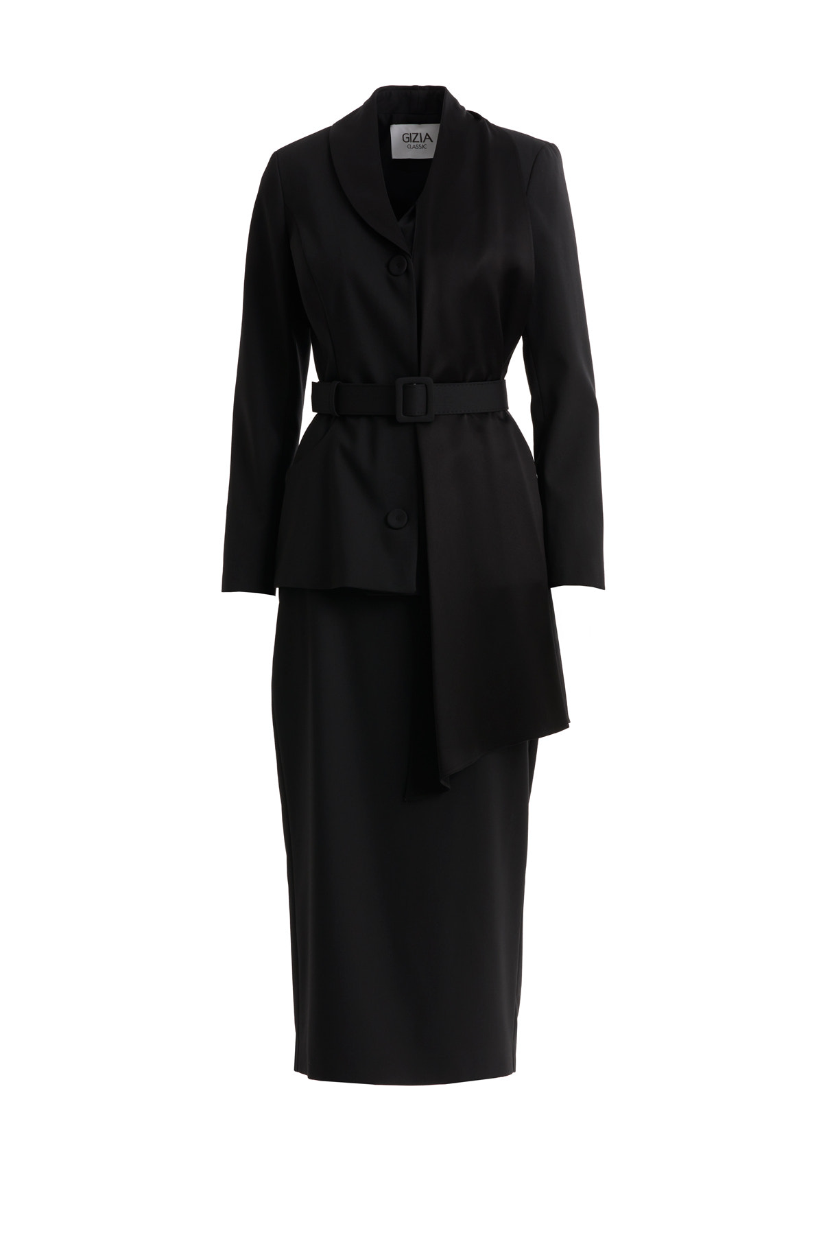 Şal Yaka Detaylı Ceket Ve Kalem Etekli Siyah Takım