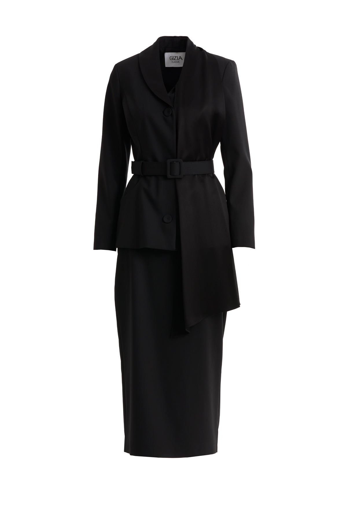 Şal Yaka Detaylı Ceket Ve Kalem Etekli Siyah Takım