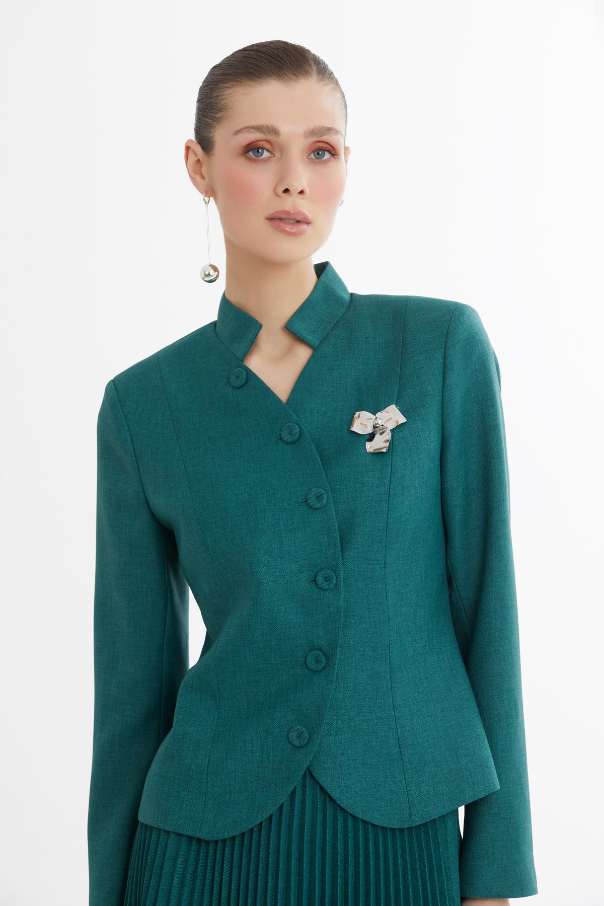 Kruvaze Kapama Ceket Ve Piliseli Etekli Yeşil Takım