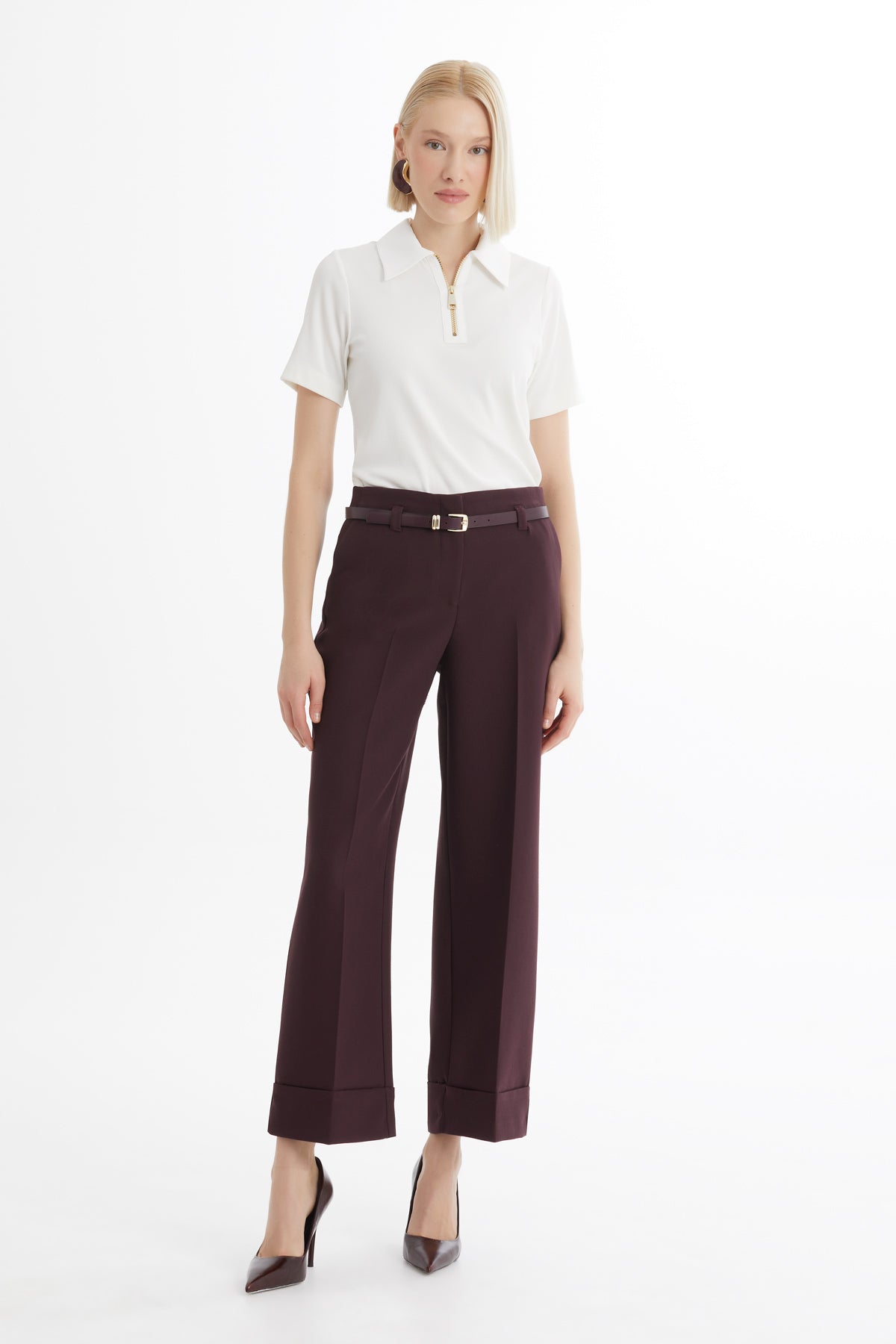 Double Paça Kemerli Bordo Pantolon