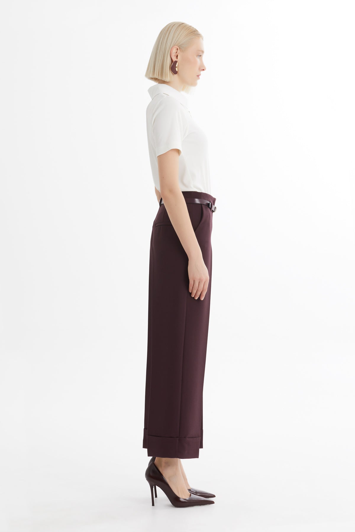 Double Paça Kemerli Bordo Pantolon