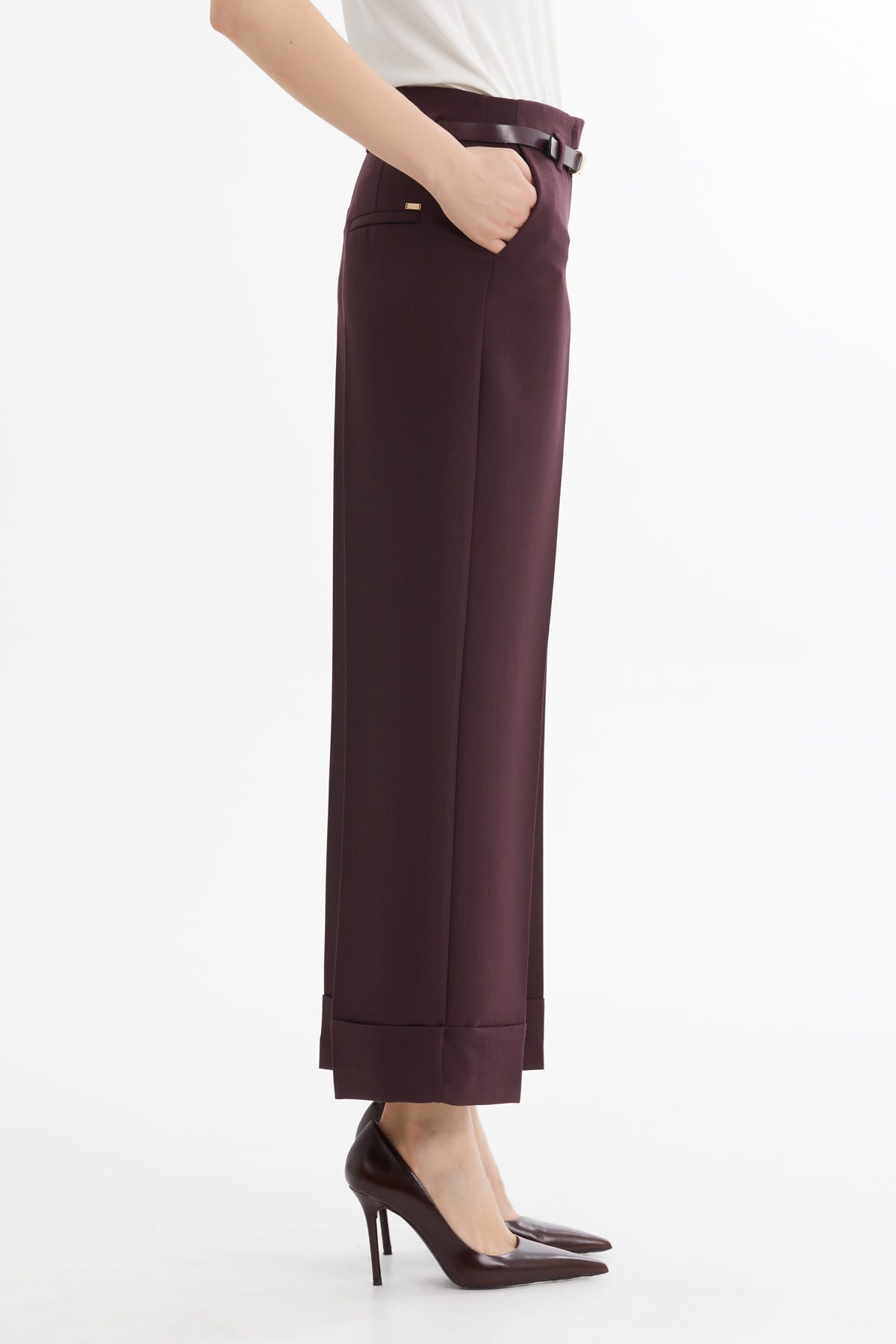 Double Paça Kemerli Bordo Pantolon