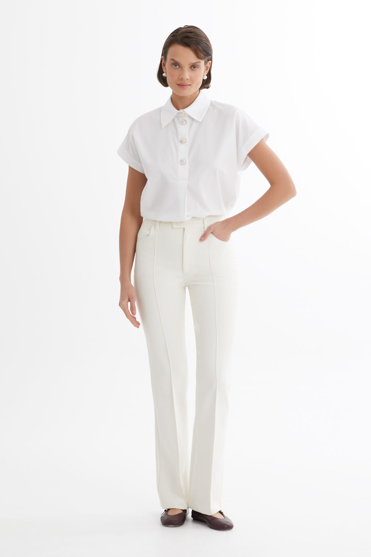 Nervür Dikişli Ekru Pantolon