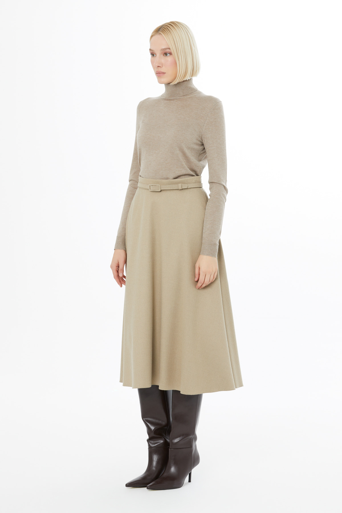 Kemerli Yüksek Bel Midi Etek