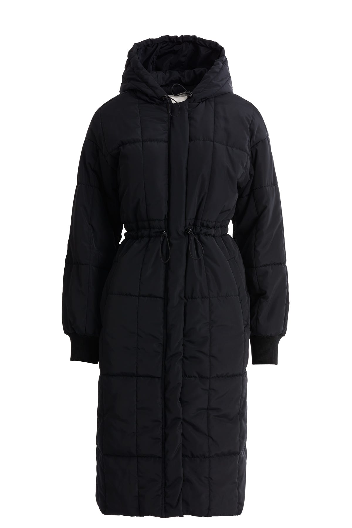 Büyük Cepli Uzun Siyah Kapitone Mont