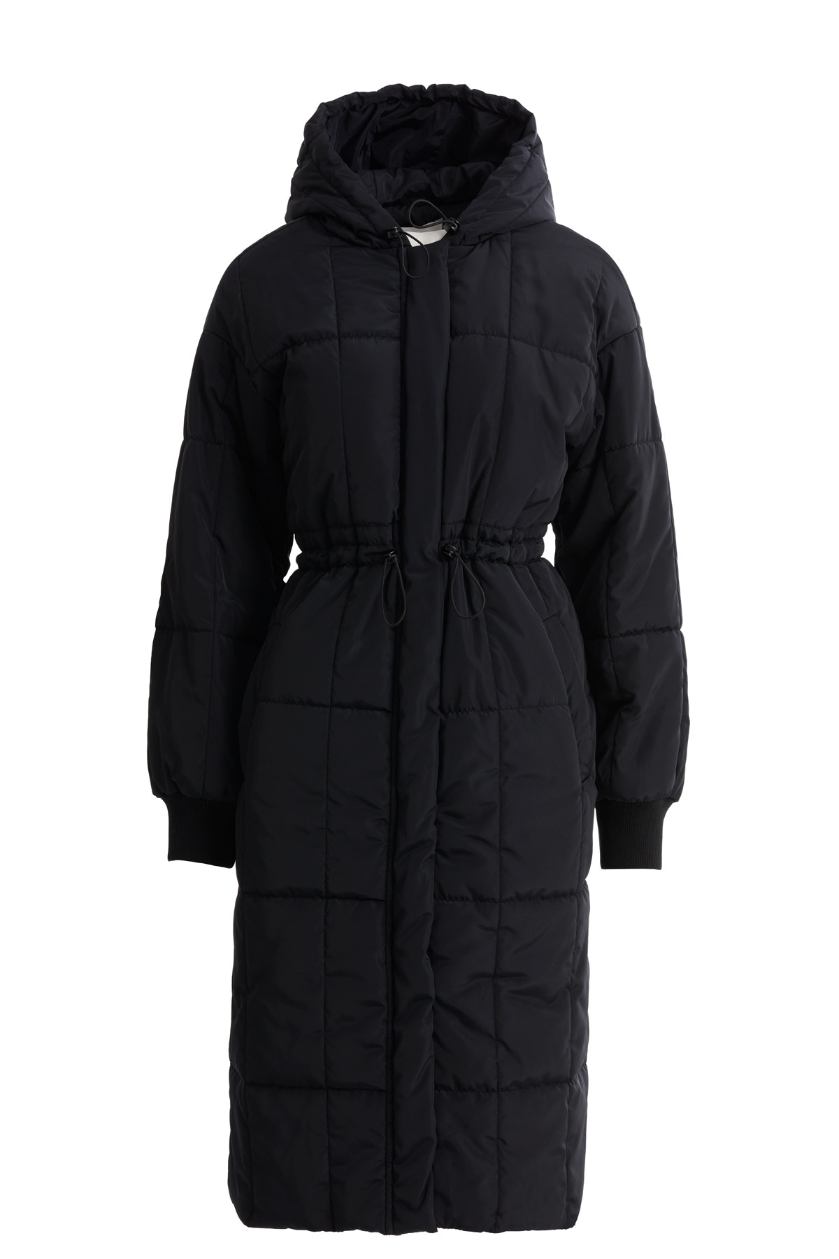 Büyük Cepli Uzun Siyah Kapitone Mont