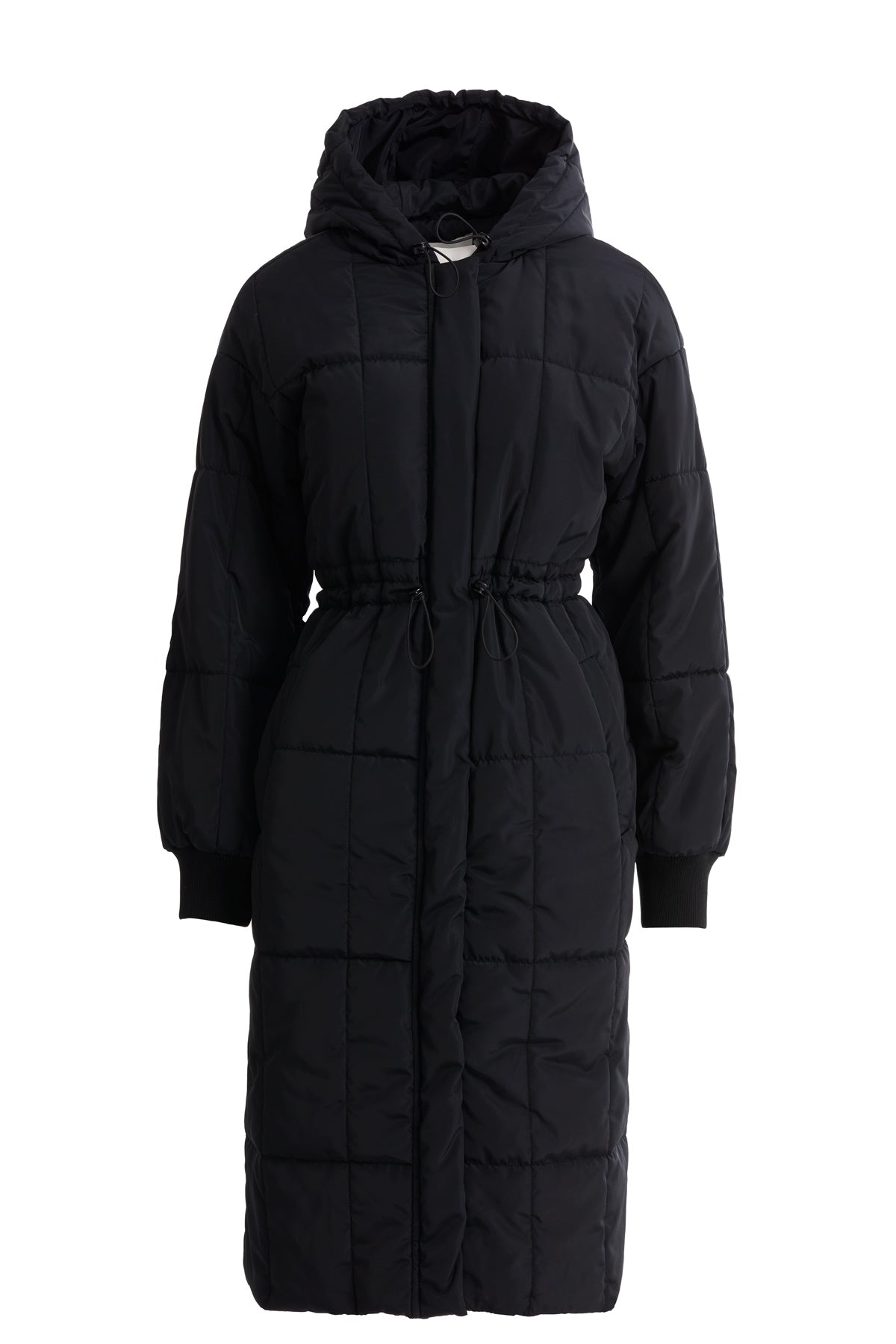 Büyük Cepli Uzun Siyah Kapitone Mont