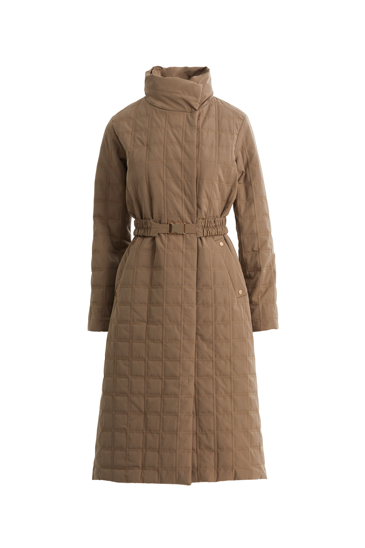 Kemerli Metal Tokalı Kapitone Bej Mont