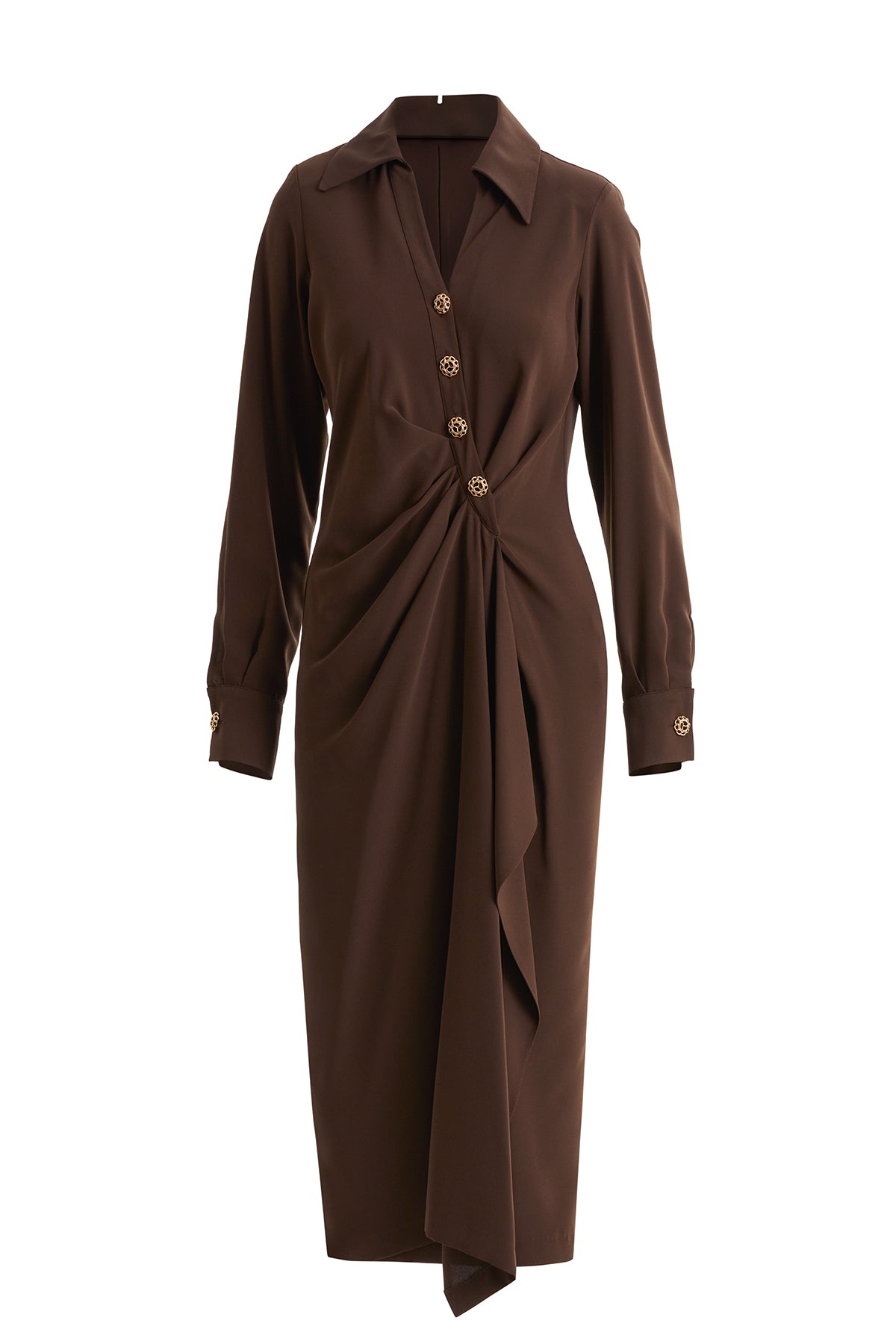 Uzun Kollu Önü Düğmeli Midi Kahverengi Elbise