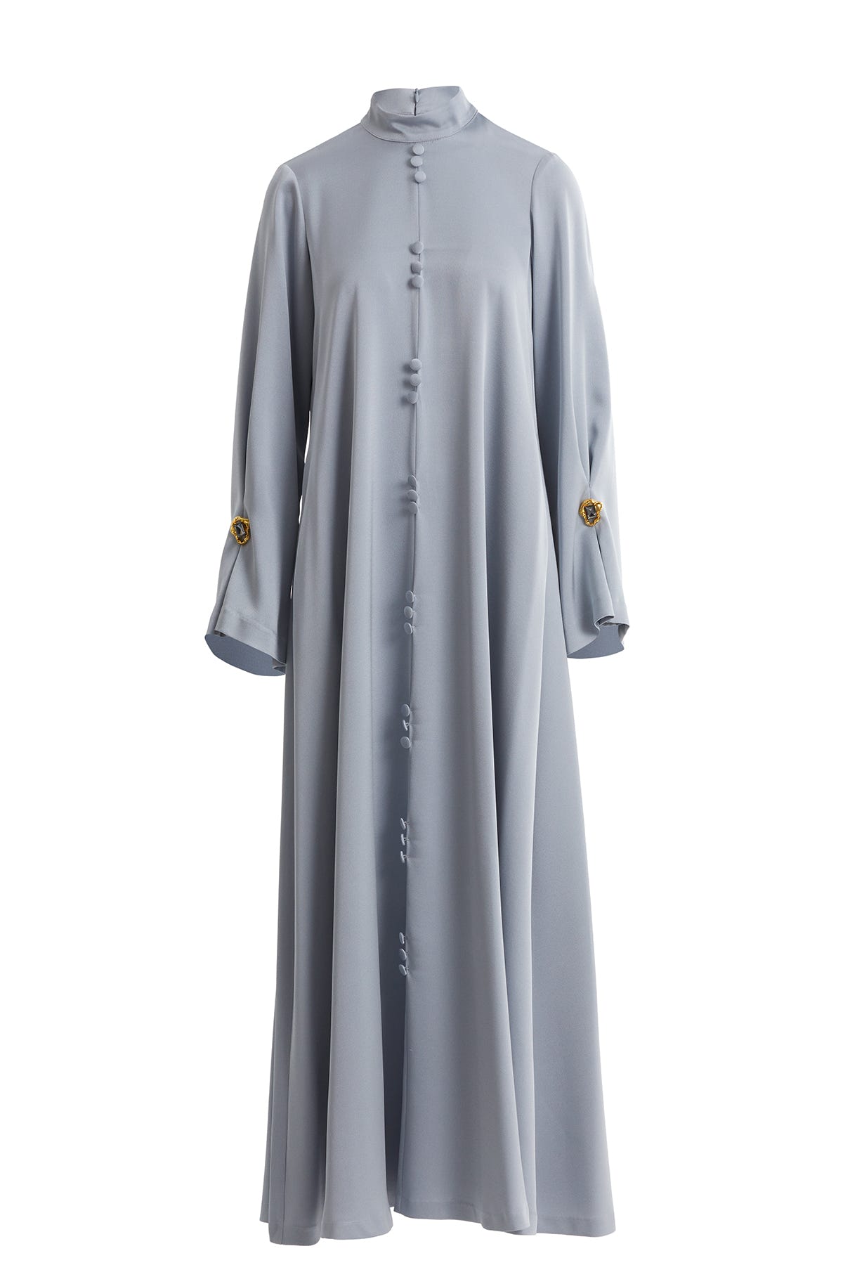 Uzun Kollu Fermuarlı Gri Uzun Elbise