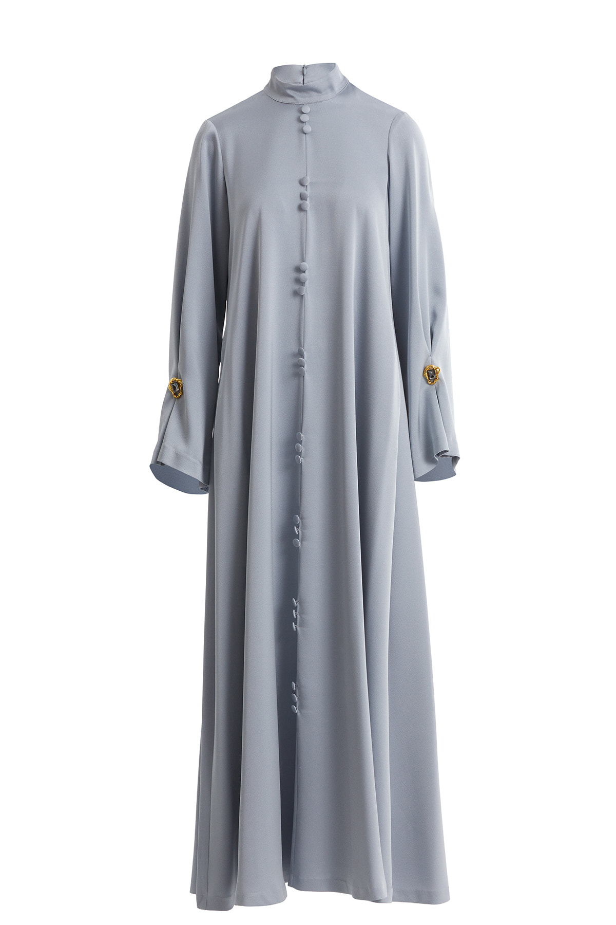 Uzun Kollu Fermuarlı Gri Uzun Elbise