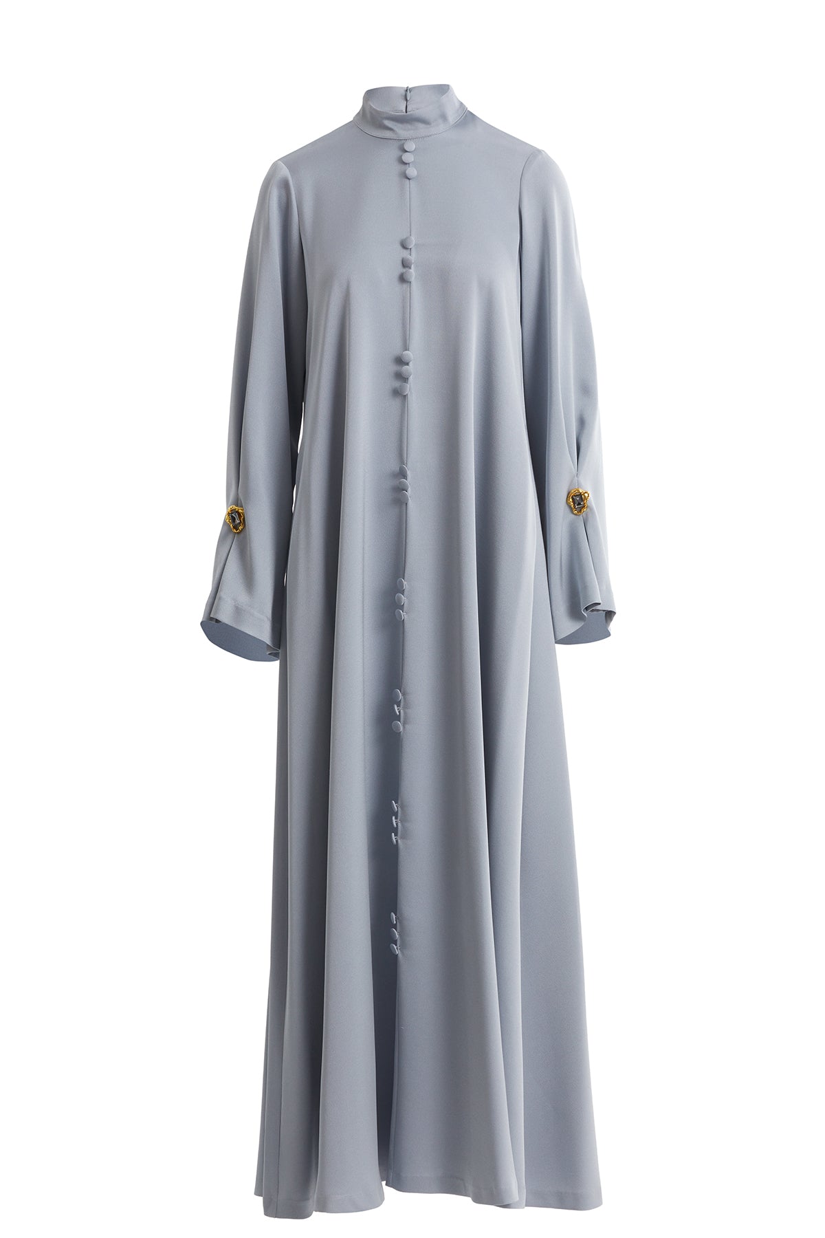 Uzun Kollu Fermuarlı Gri Uzun Elbise