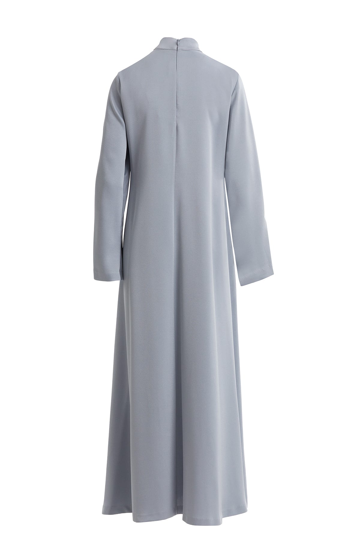 Uzun Kollu Fermuarlı Gri Uzun Elbise