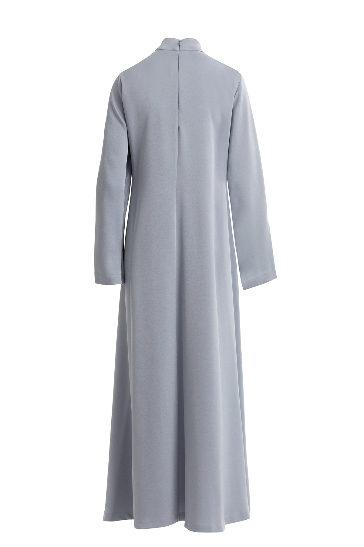 Uzun Kollu Fermuarlı Gri Uzun Elbise