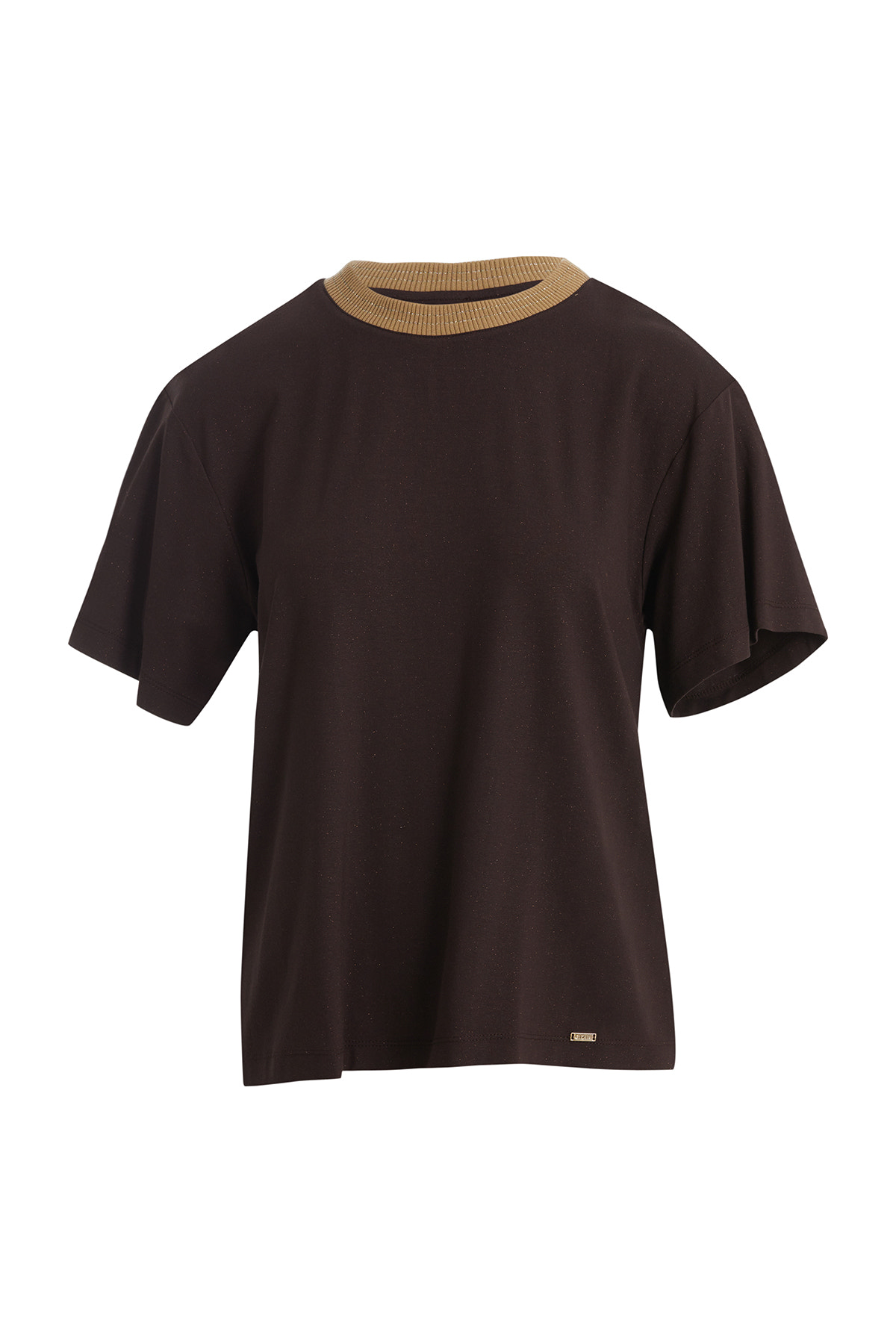 Triko Yakalı Parlak Kumaşlı Kahverengi T-Shirt