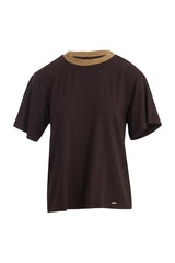 Triko Yakalı Parlak Kumaşlı Kahverengi T-Shirt