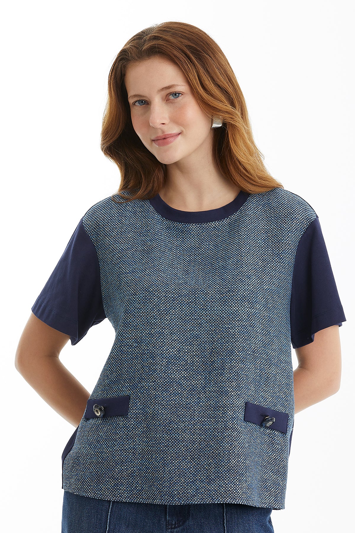 Düğme Detaylı Lacivert T-Shirt