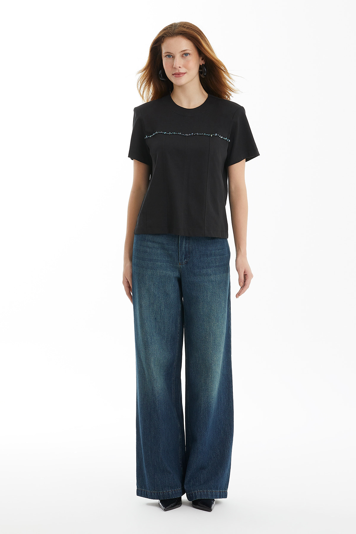 İşleme Detaylı Kuplu Siyah T-Shirt