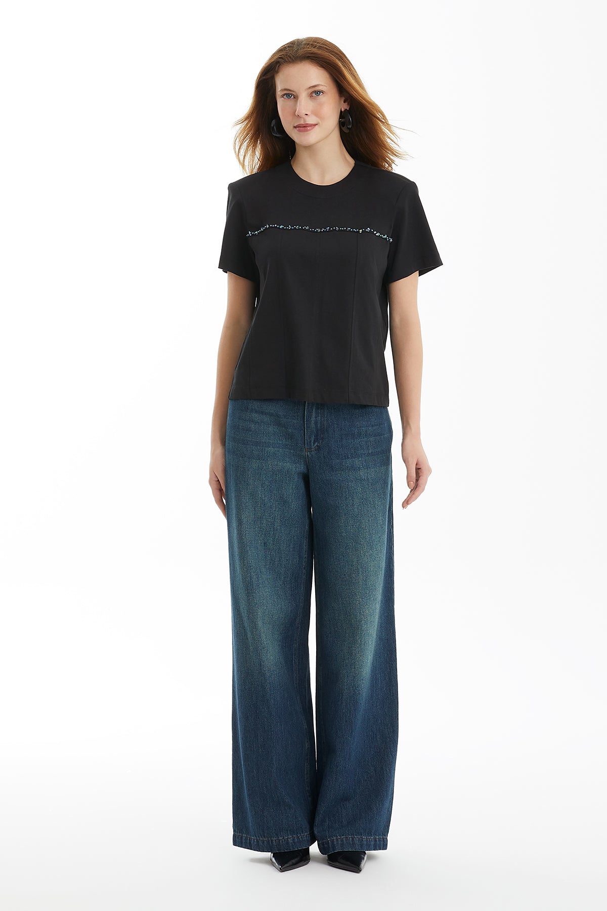 İşleme Detaylı Kuplu Siyah T-Shirt