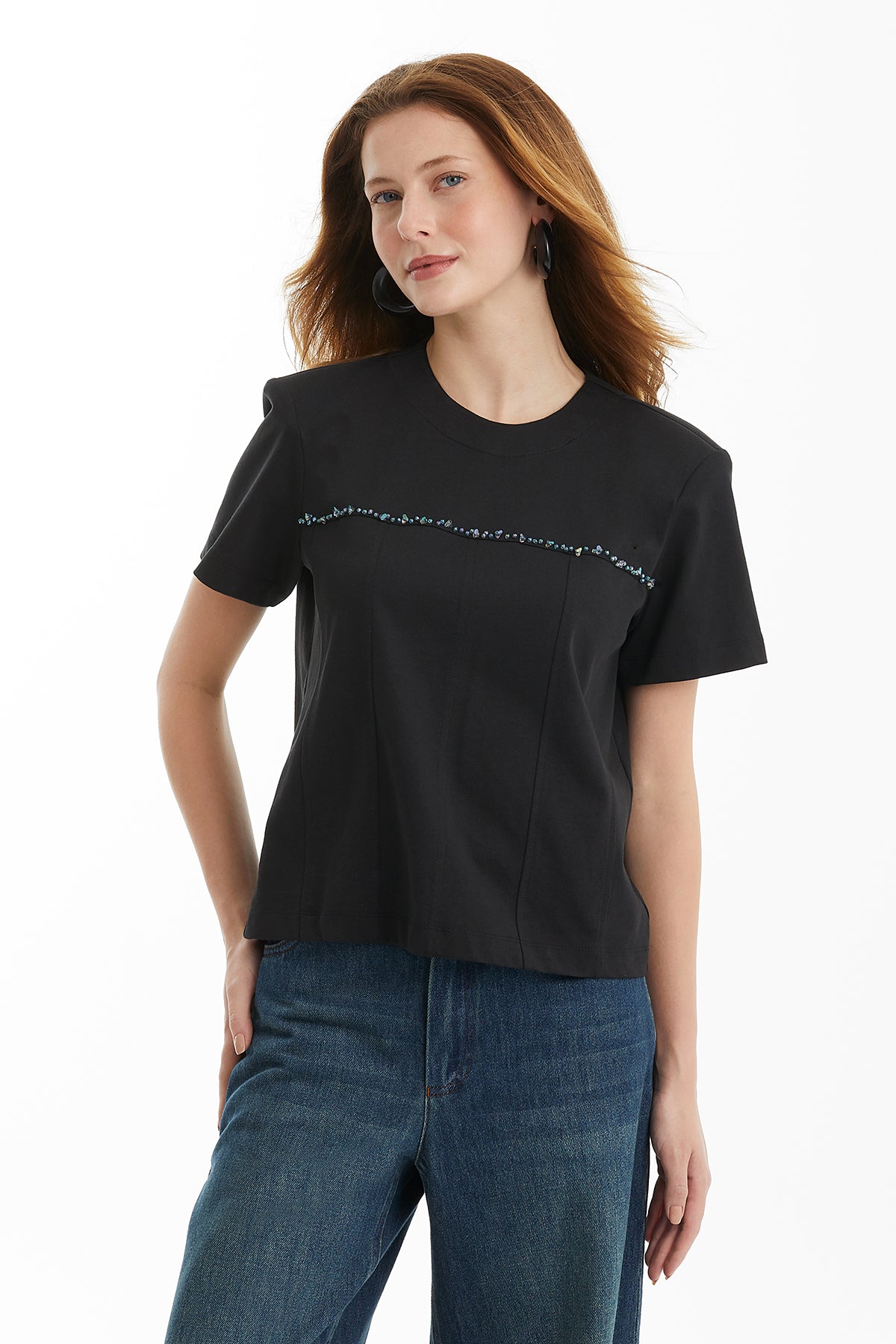 İşleme Detaylı Kuplu Siyah T-Shirt