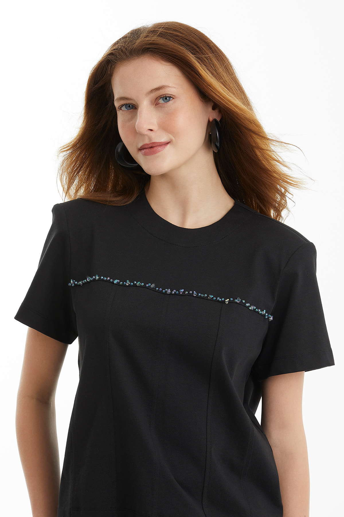 İşleme Detaylı Kuplu Siyah T-Shirt
