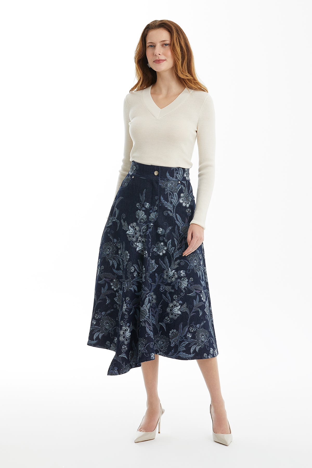Taş Detaylı Denim Midi Etek