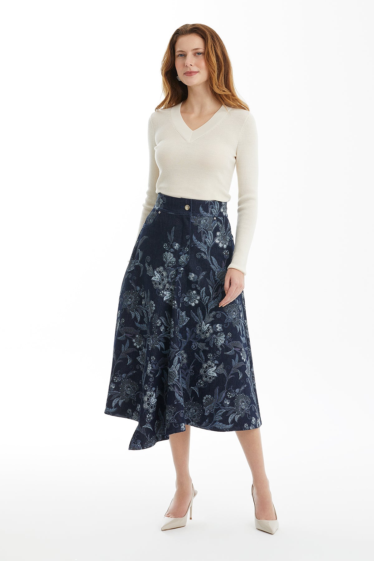 Taş Detaylı Denim Midi Etek