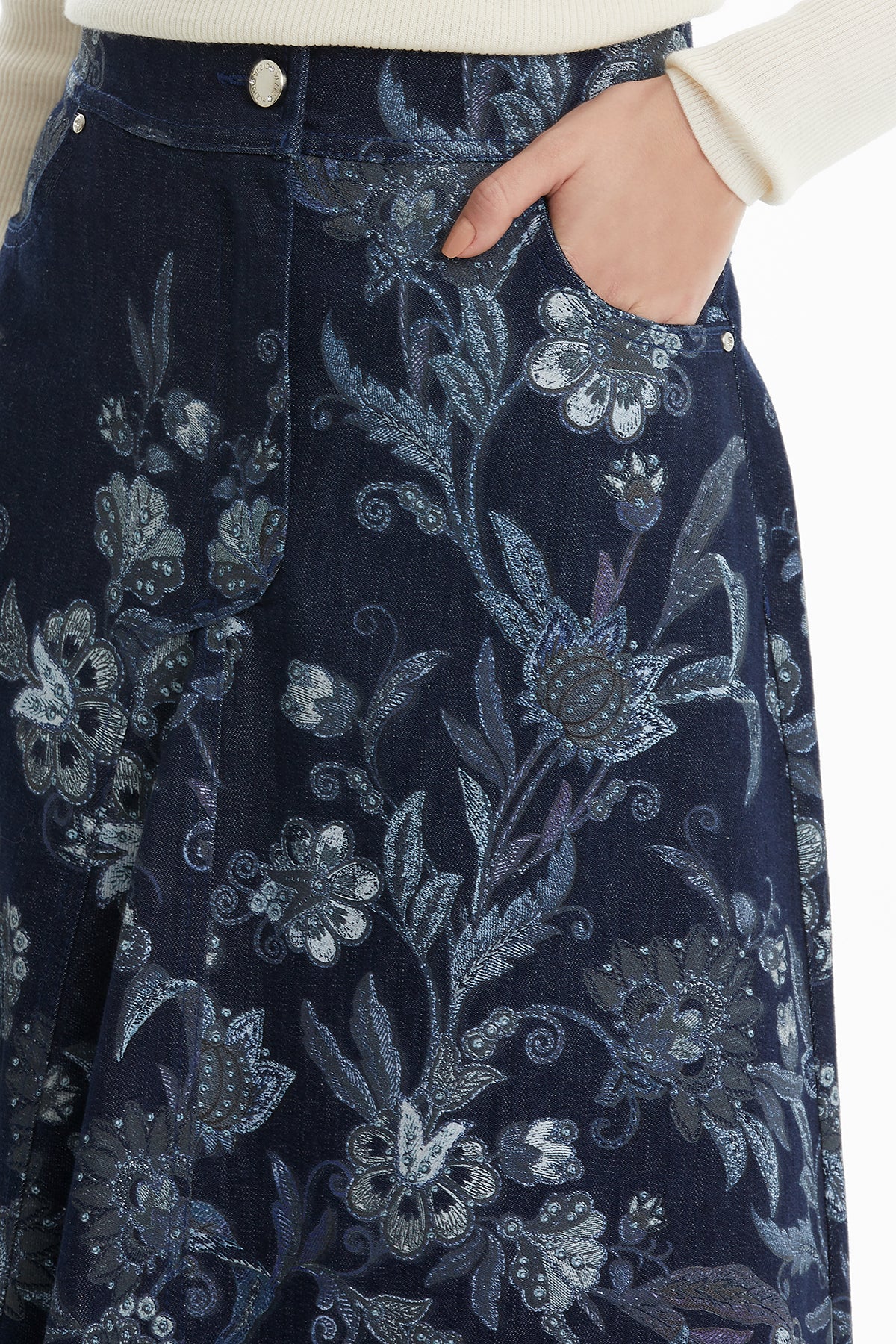 Taş Detaylı Denim Midi Etek