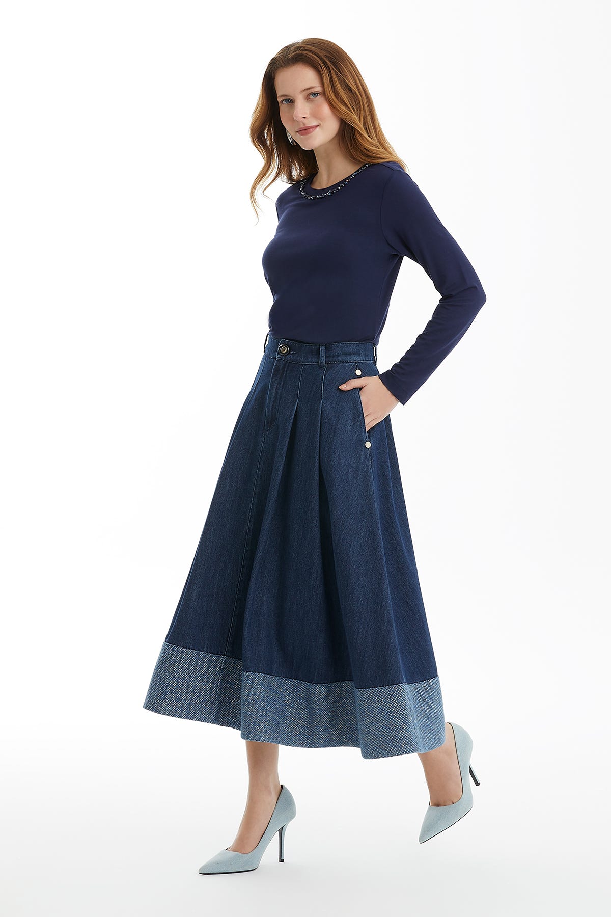 Etek Ucu Garnili Volanlı Denim Etek