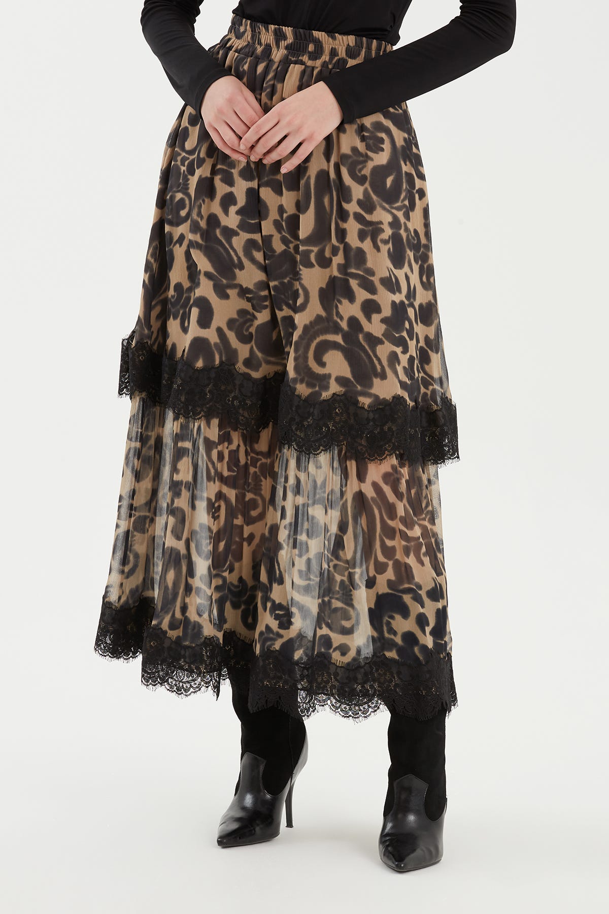 Leopar Desenli Dantel Detaylı Etek