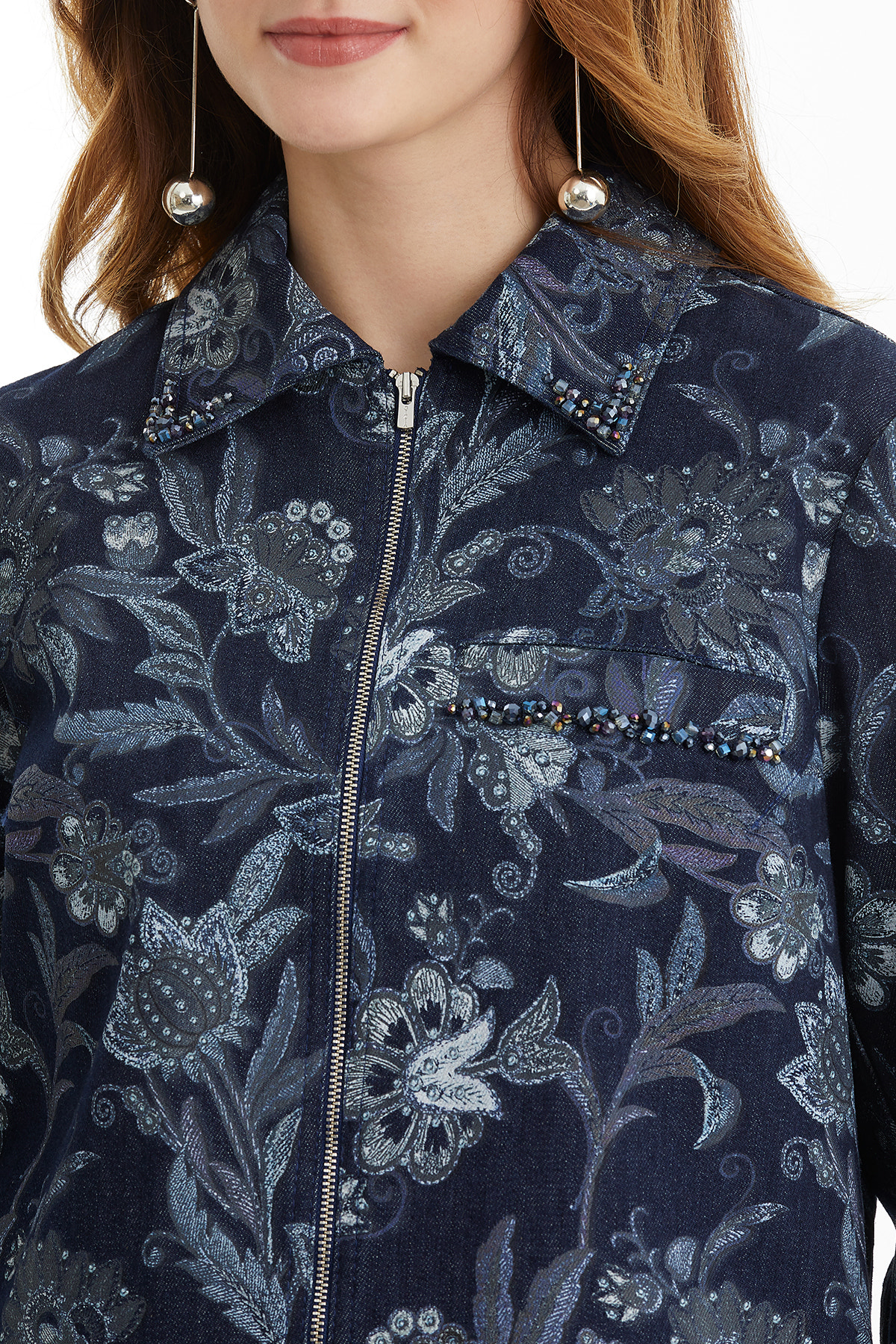 Boncuk Detaylı Desenli Denim Ceket