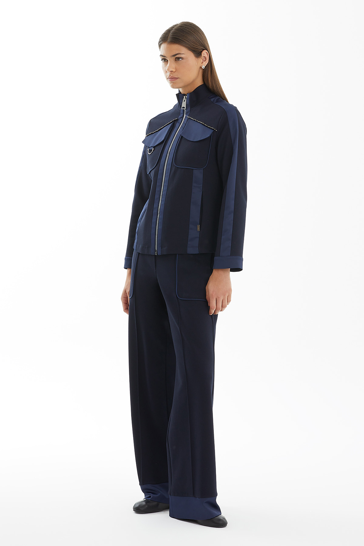 Kontrast Garni Detaylı Örme Lacivert Ceket