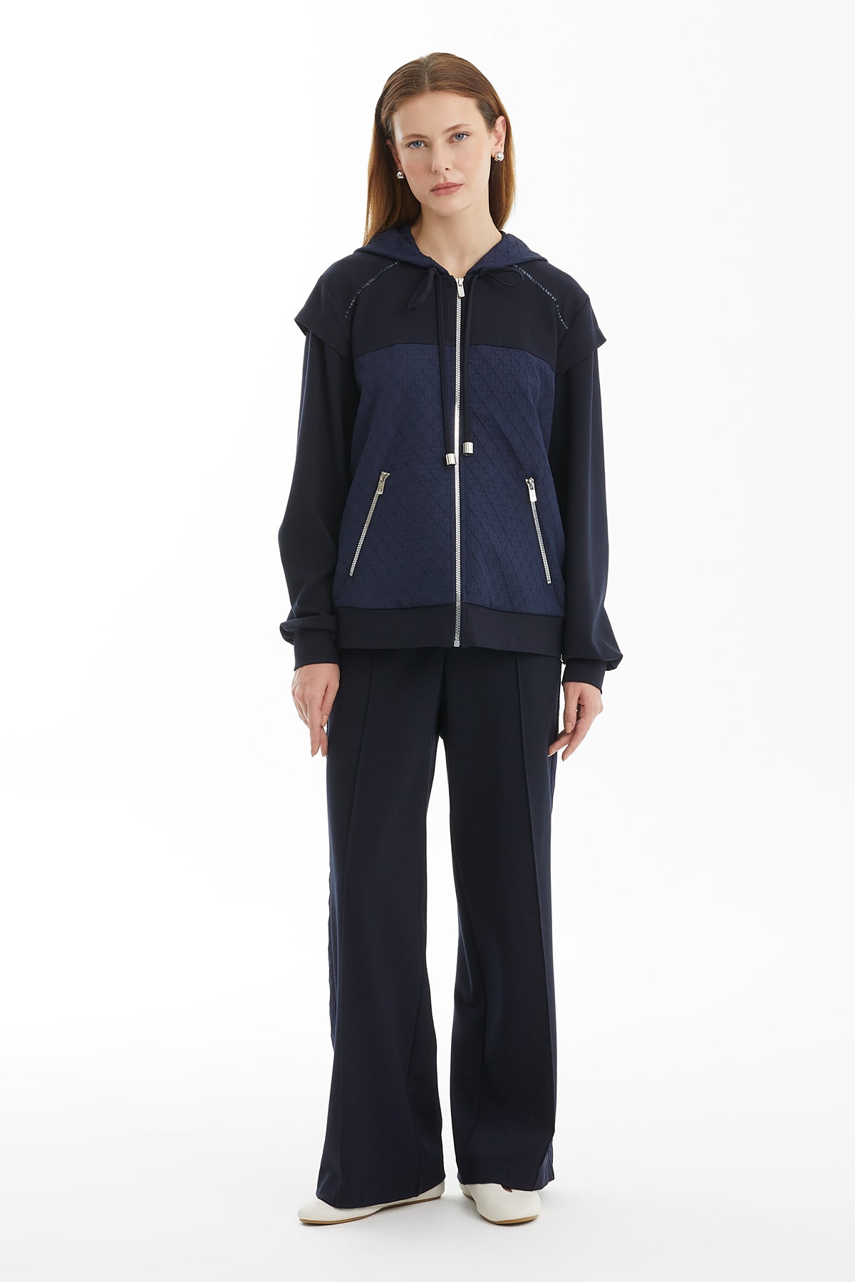 Geometrik Desenli Kapüşonlu Lacivert Ceket