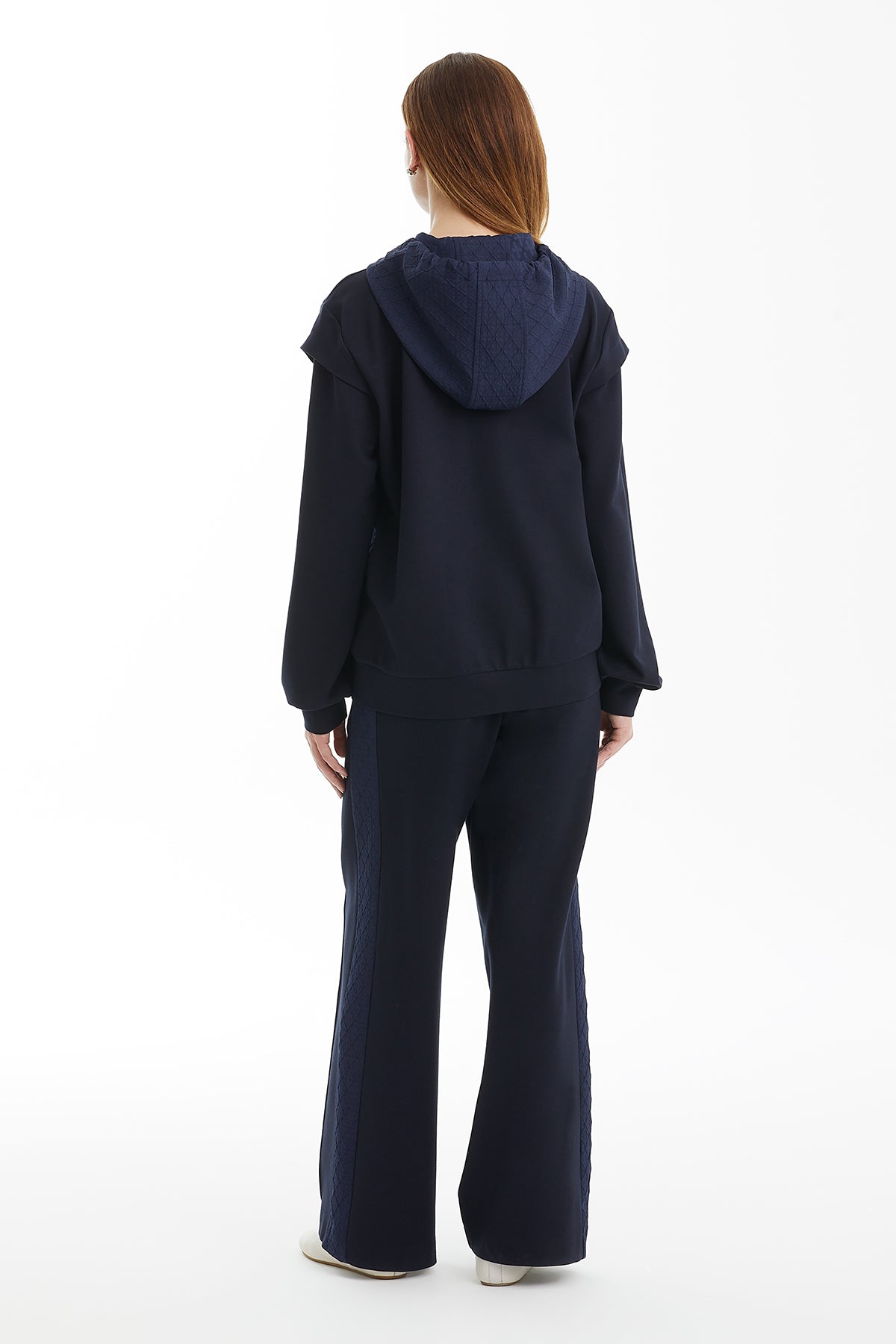 Geometrik Desenli Kapüşonlu Lacivert Ceket