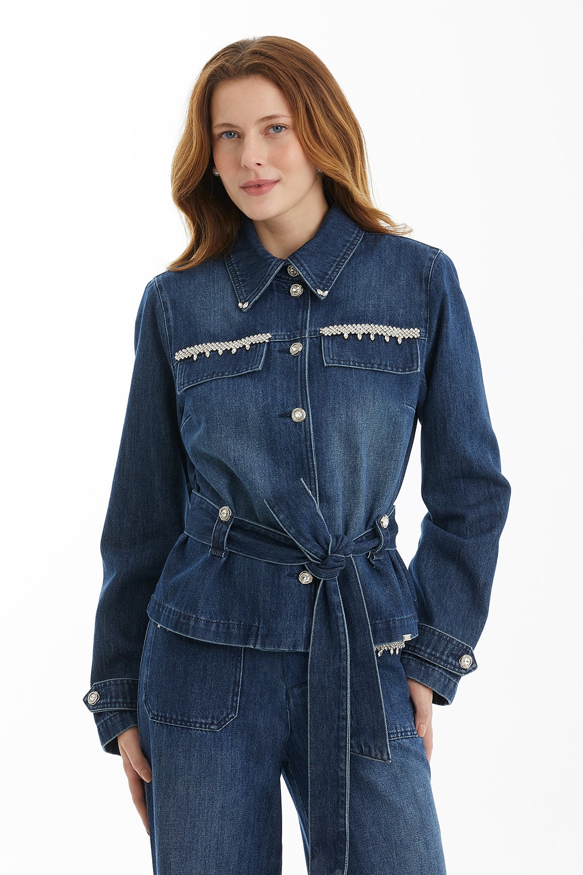 Kuşak Bağlamalı Taşlı Mavi Denim Ceket