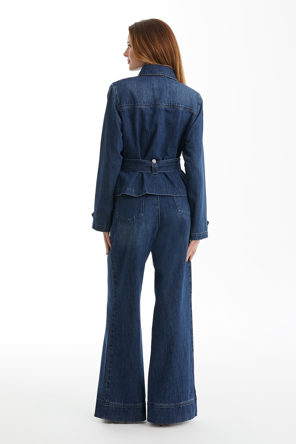 Kuşak Bağlamalı Taşlı Mavi Denim Ceket