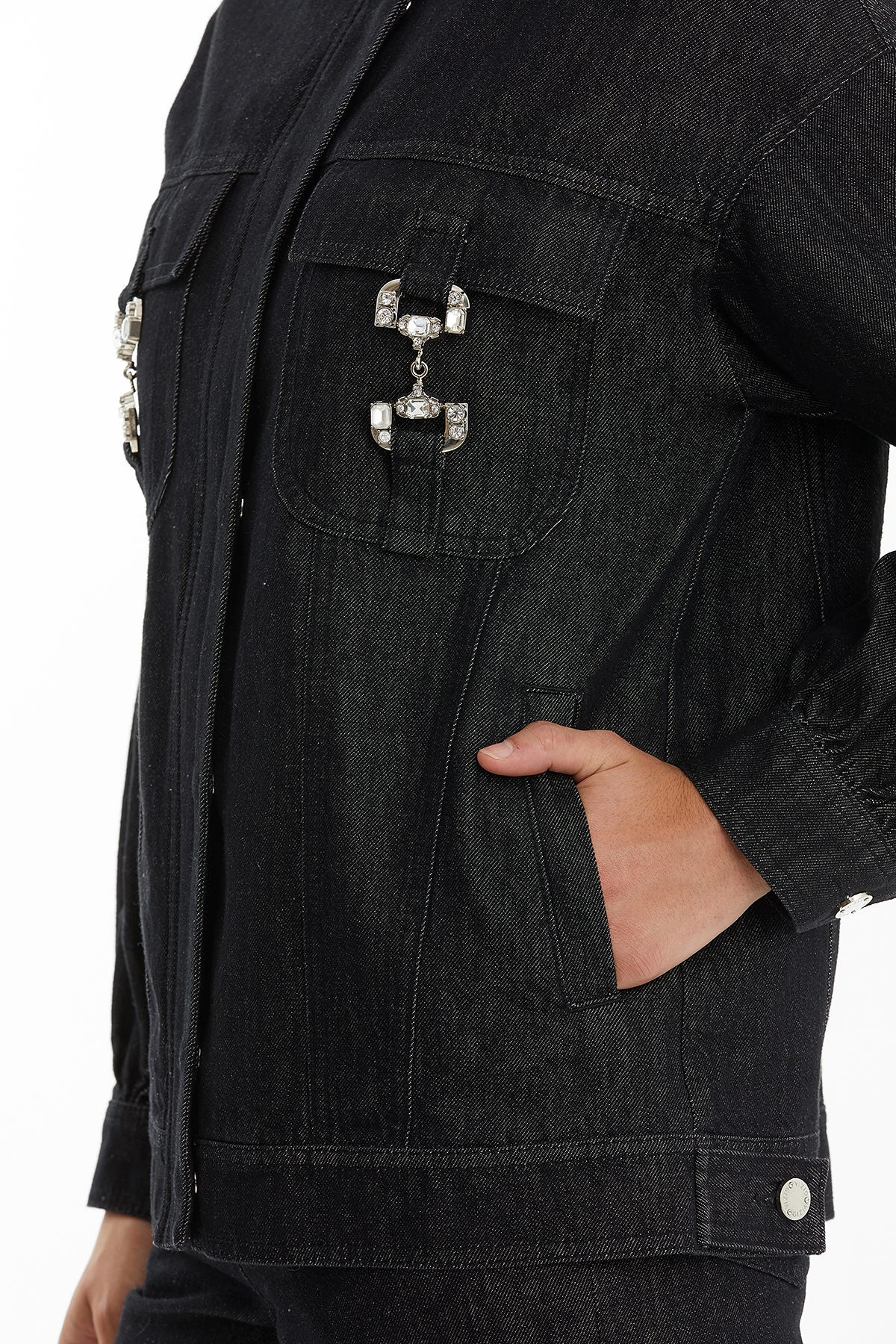 Taşlı Metal Aksesuarlı Siyah Denim Ceket