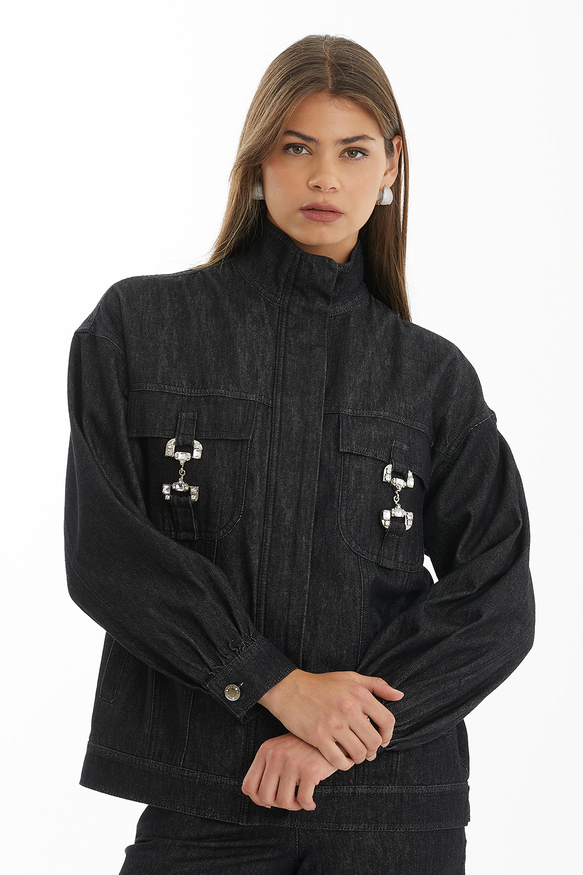 Taşlı Metal Aksesuarlı Siyah Denim Ceket