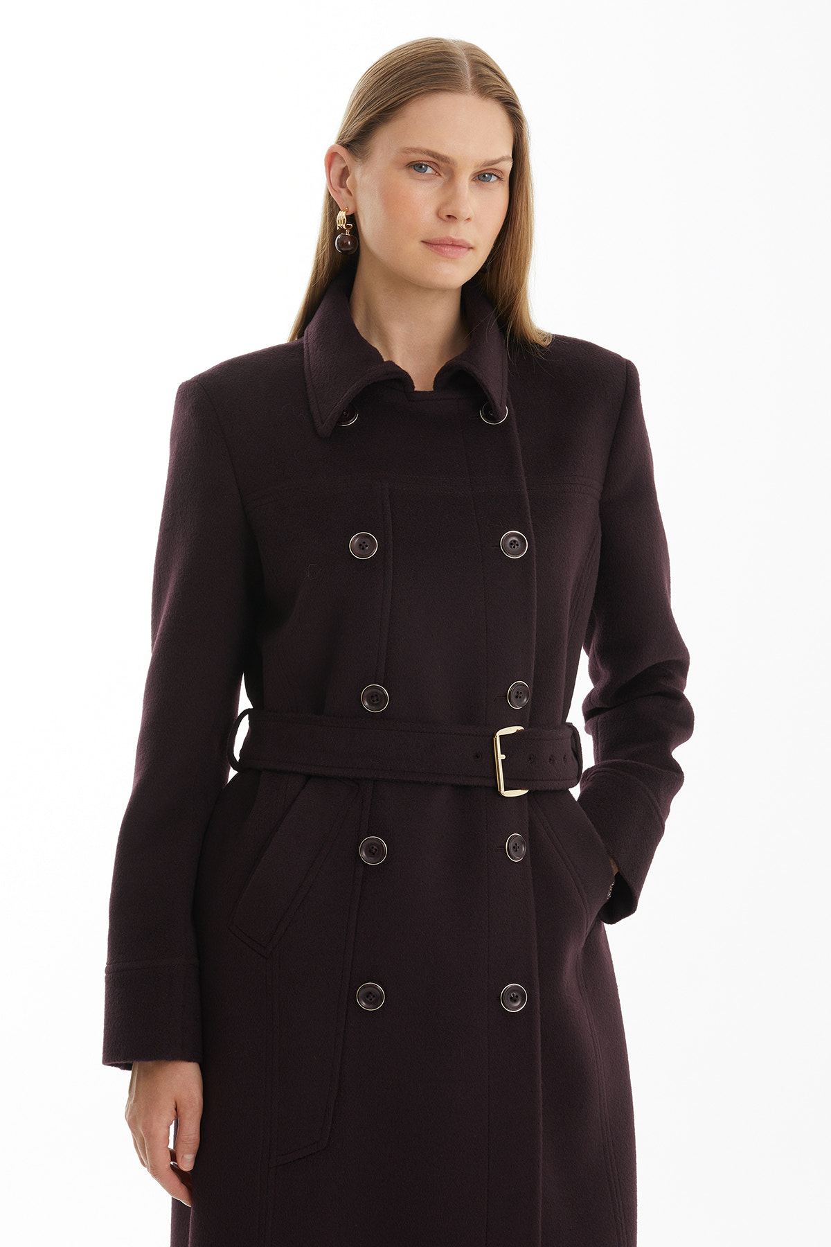 Metal Tokalı %100 Yünlü Mor Kaban
