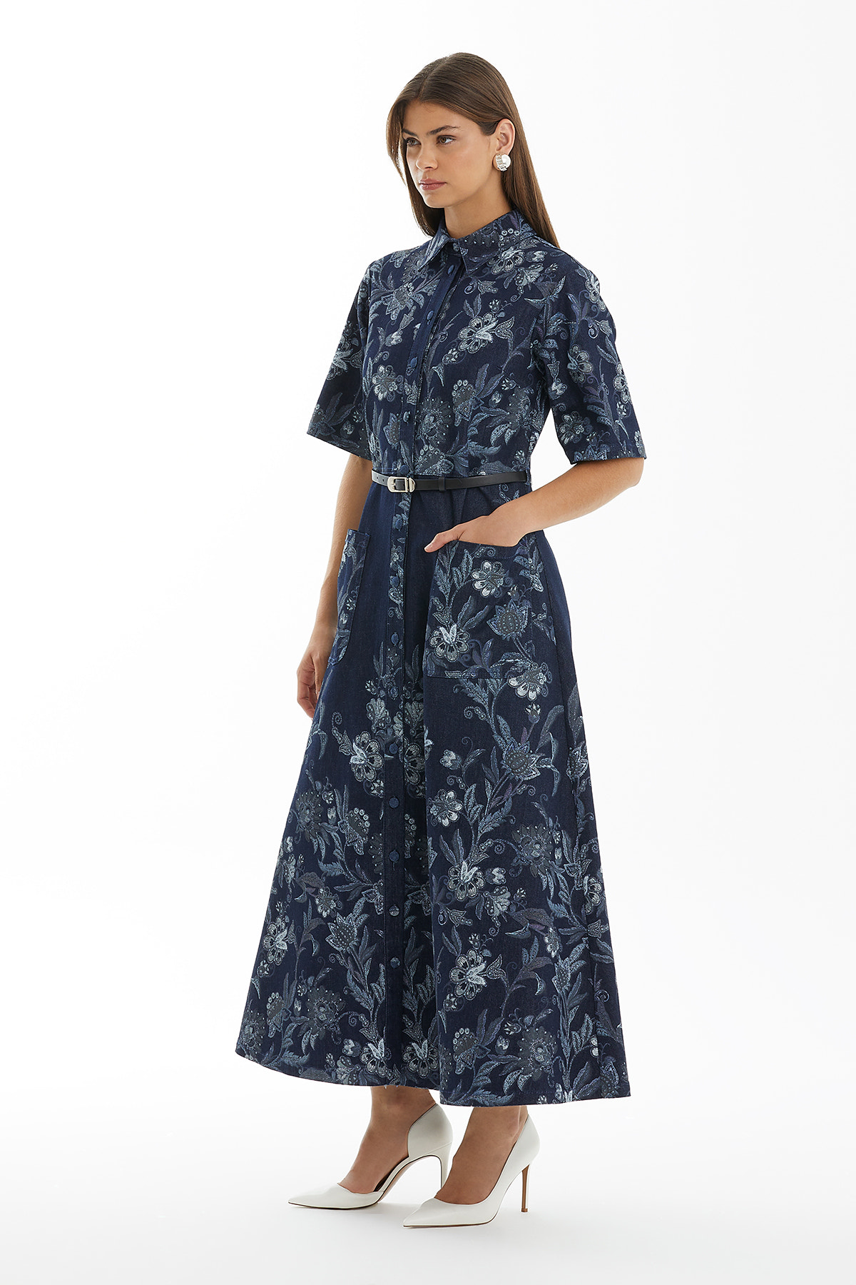 Kuşaklı  Desenli Uzun Denim Elbise