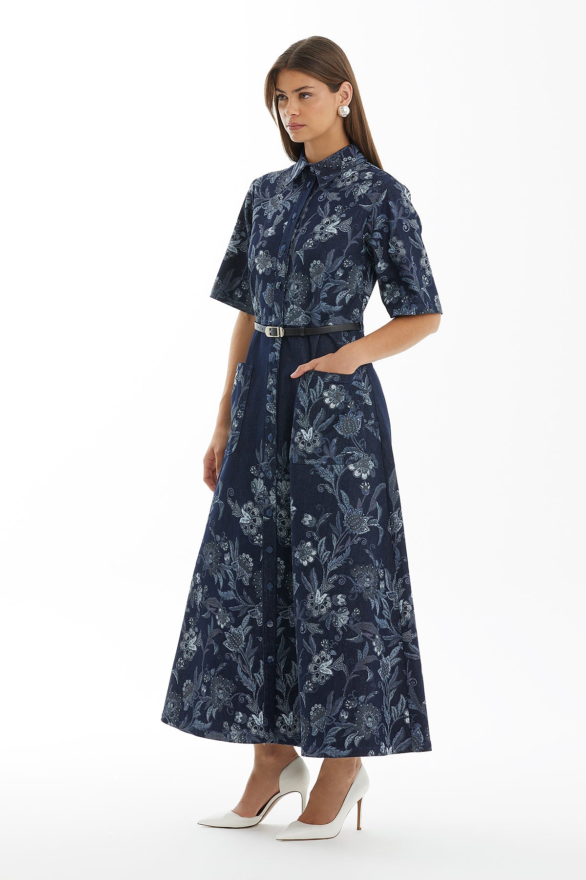 Kuşaklı  Desenli Uzun Denim Elbise