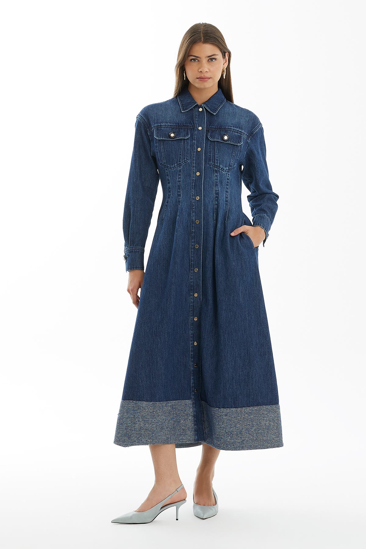 Çıtçıt Kapamalı Mavi Denim Elbise