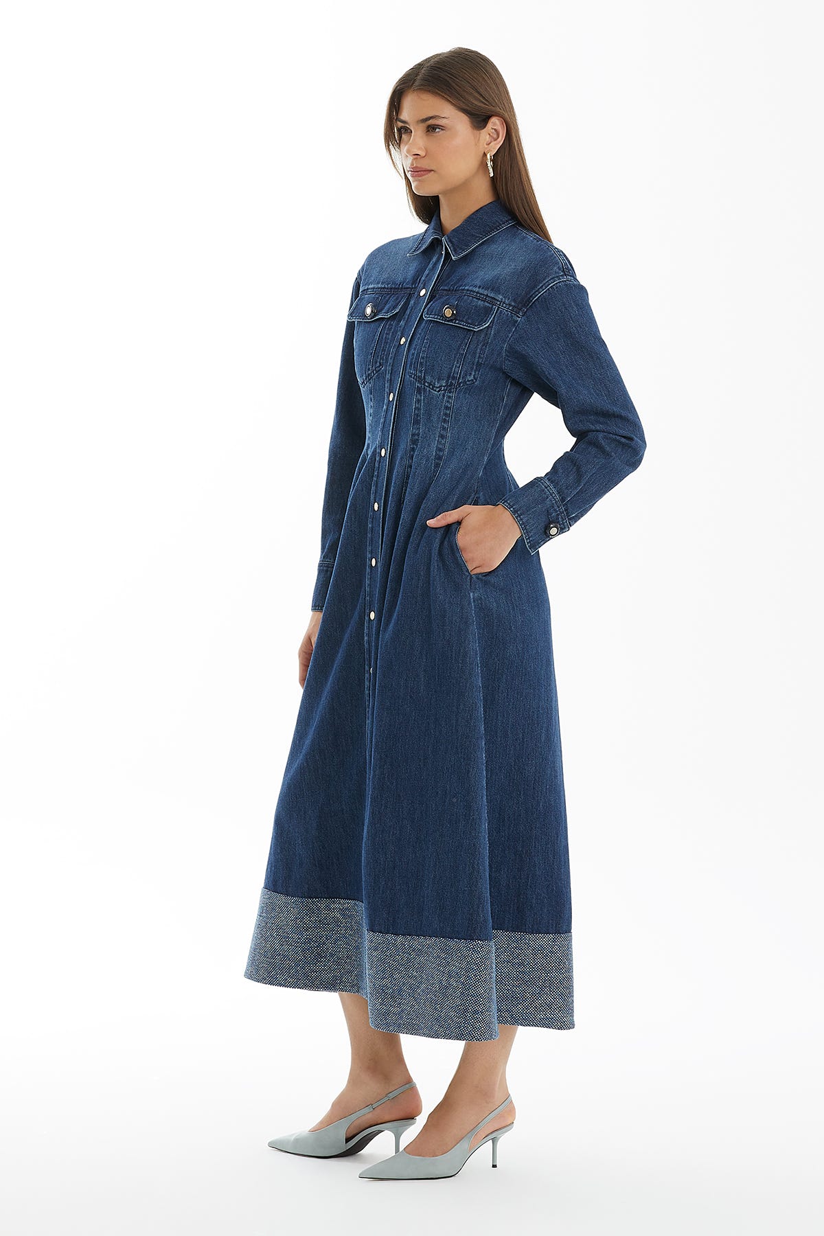 Çıtçıt Kapamalı Mavi Denim Elbise