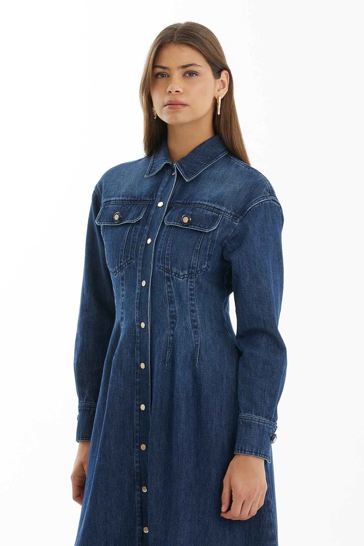 Çıtçıt Kapamalı Mavi Denim Elbise