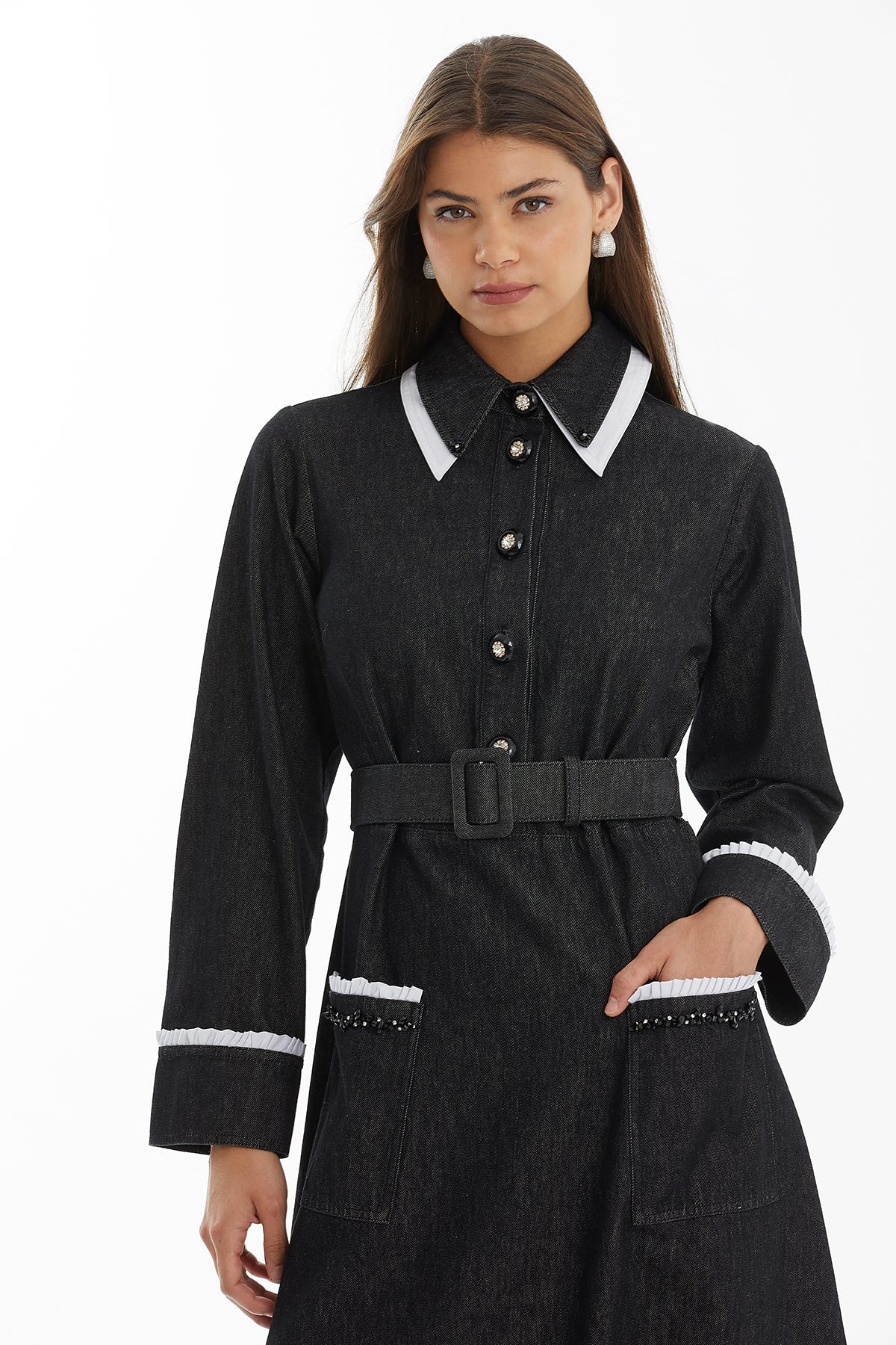 Poplin Siyah Denim Kontrastlı Elbise