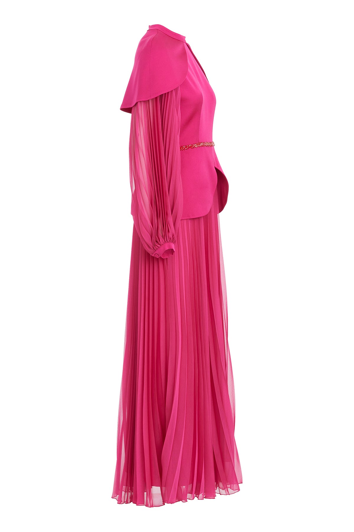 Pelerin Kollu İşlemeli Pliseli Pembe Maxi Elbise