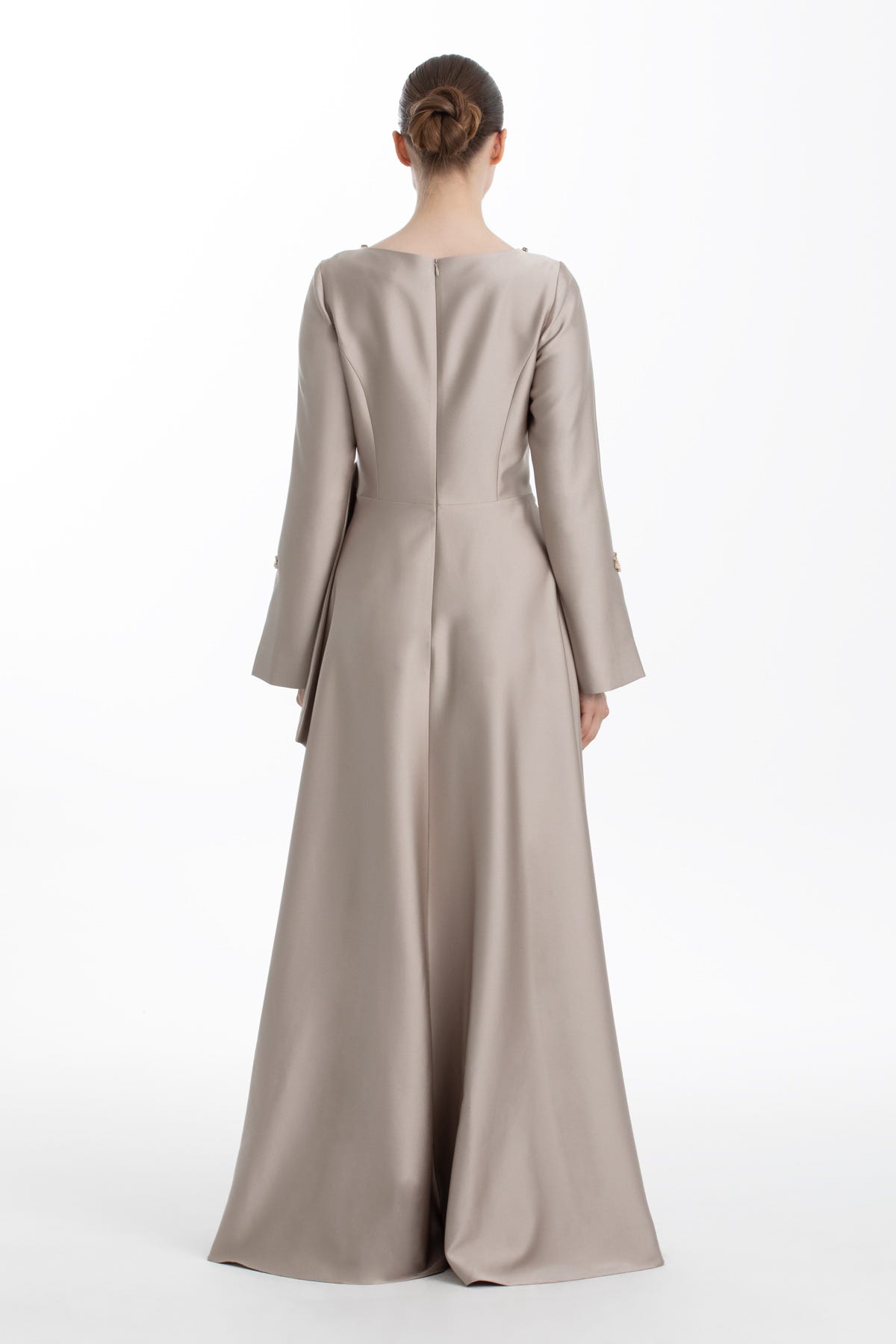 Beli Drape Detaylı Taş İşlemeli Bej Elbise
