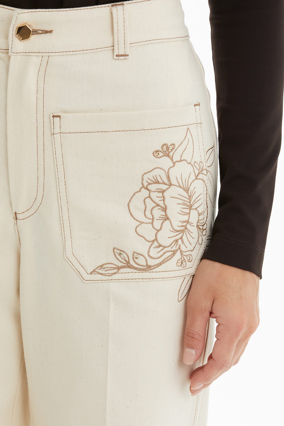 Çiçek Nakışlı Ekru Denim Etek